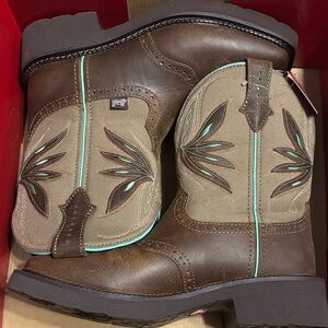 NWT Justin Women's Brown and Tan Ankle Boots with Teal Details size 9.5B